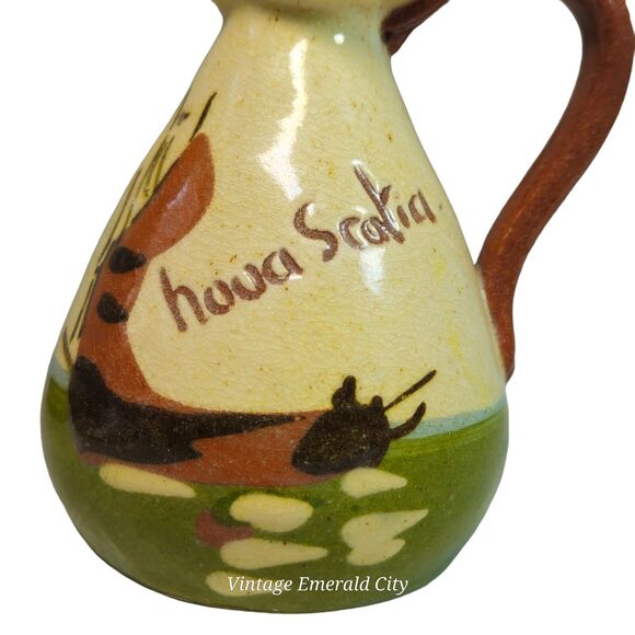 Torquay Devon Motto Creamer Mini Pitcher & Wooden Stand Set Red Pottery England - Picture 6 of 16